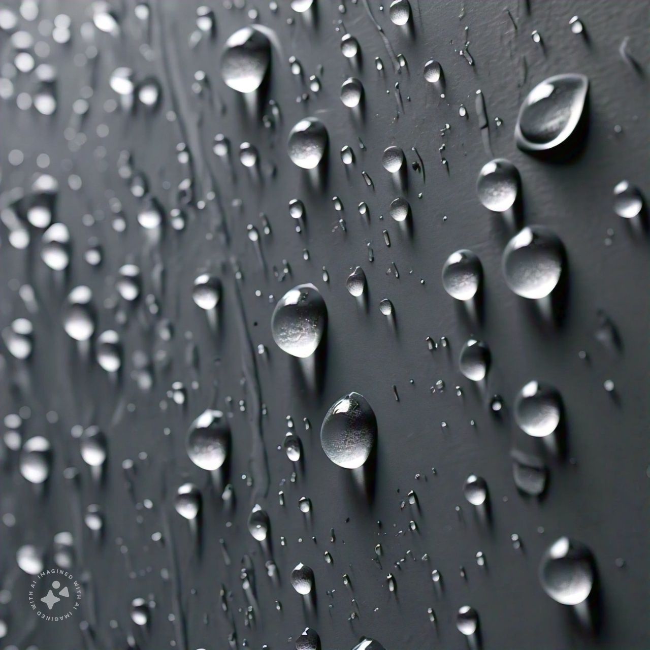 This is a picture of water droplets on an aqua surface.